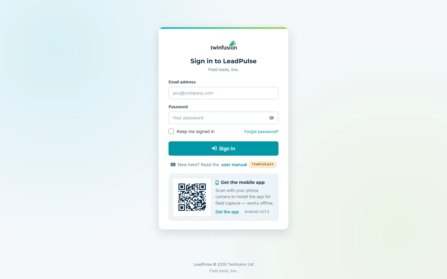 LeadPulse — login screen