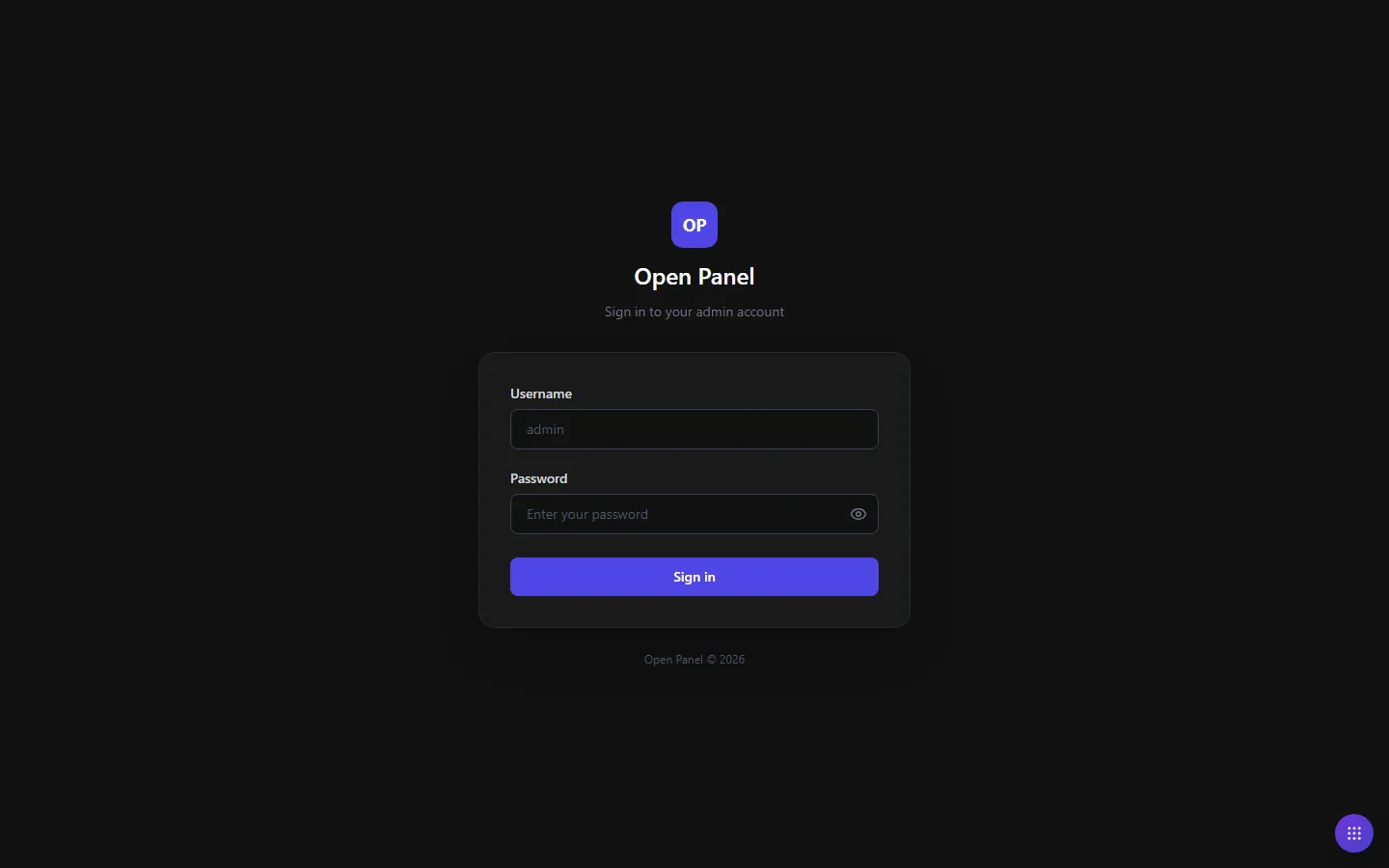 Open Panel — login screen