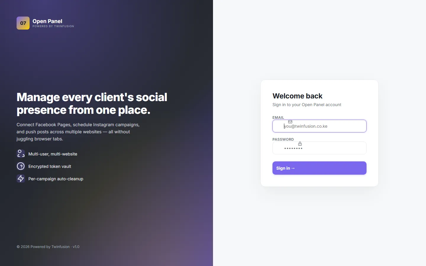 Open Panel Social — login screen
