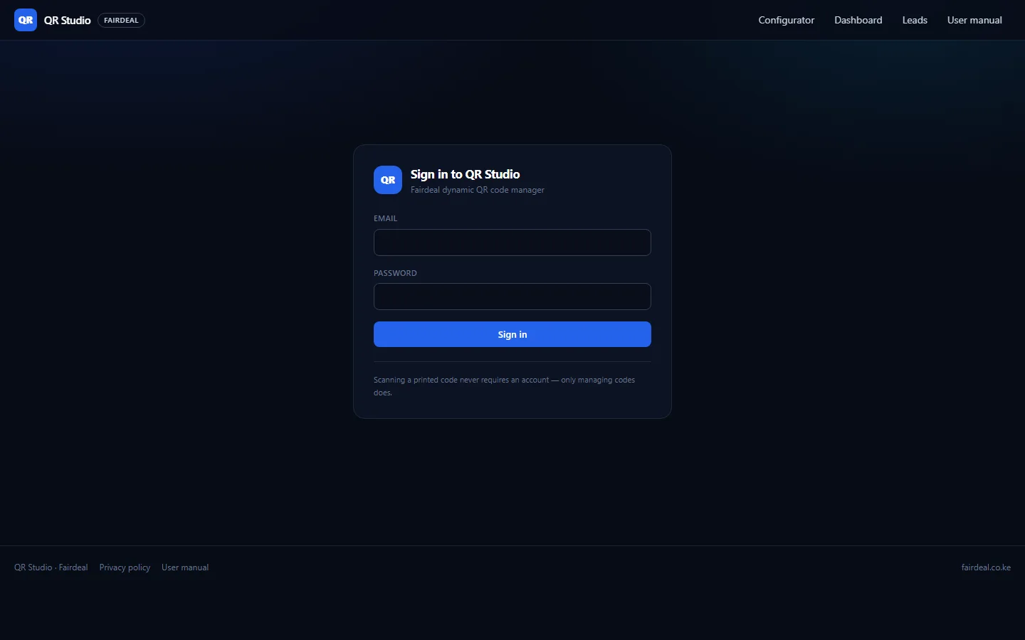 QR Studio — login screen