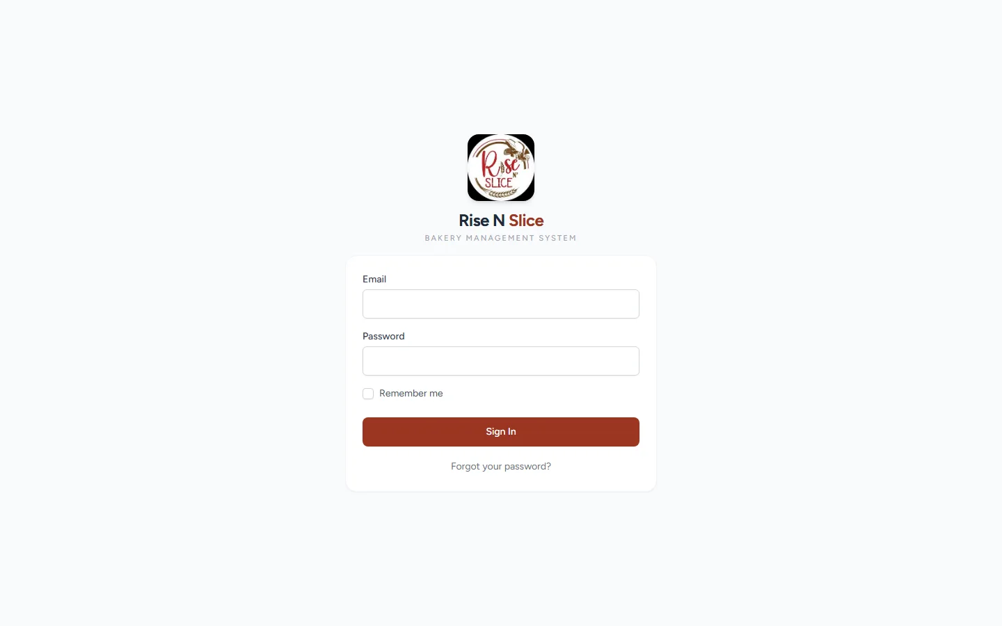 Rise N Slice — Bakery Management System — login screen