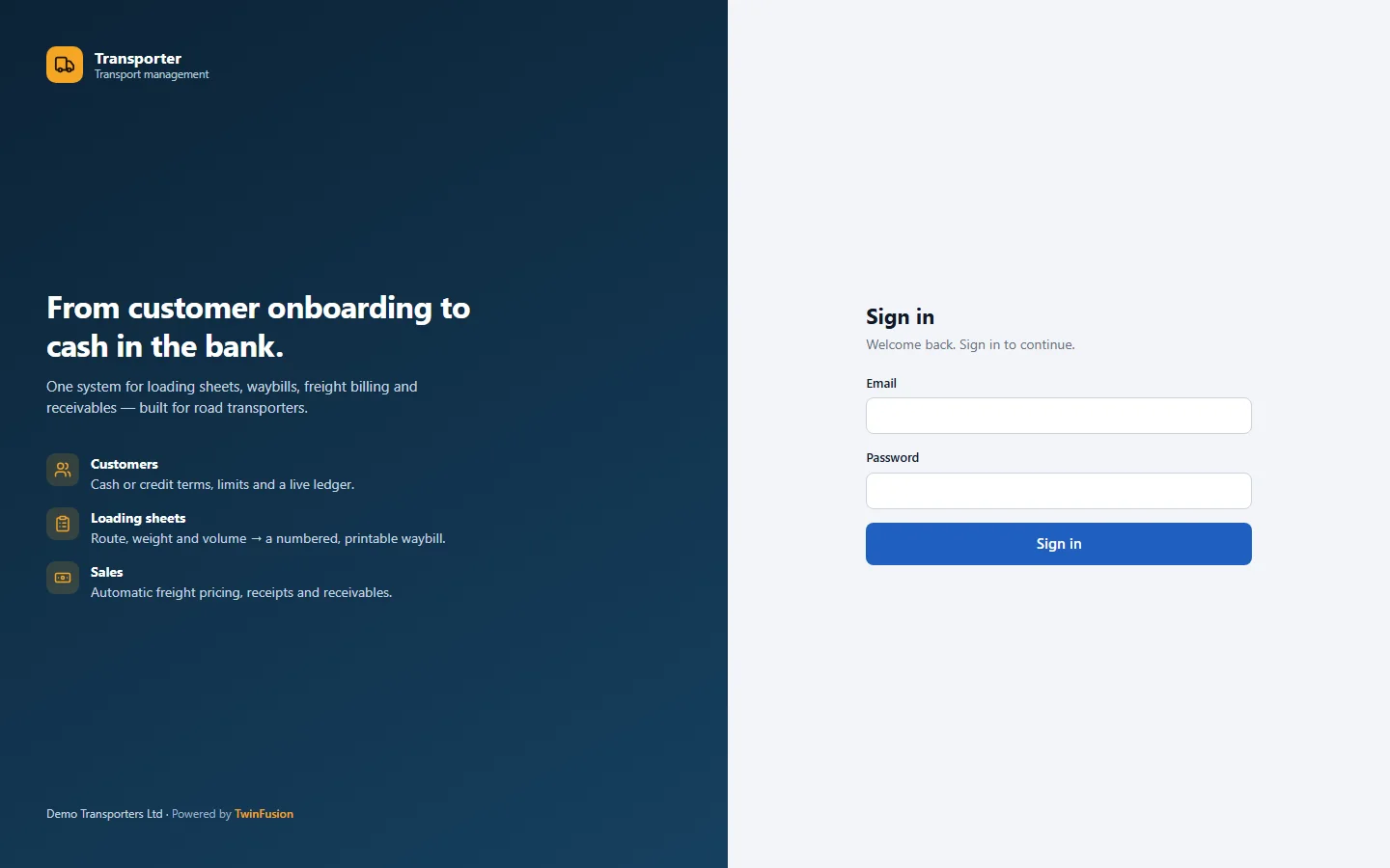 Transporter TMS — login screen
