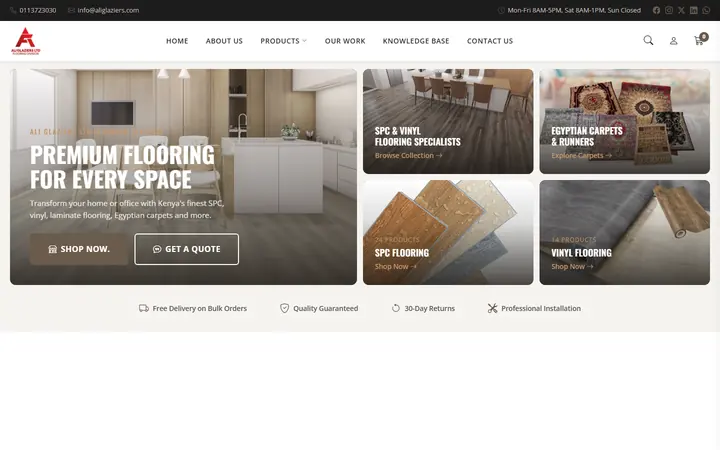 Ali Glaziers Flooring website - live capture of the homepage