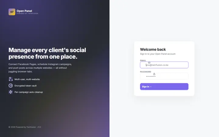 Open Panel Social — login screen