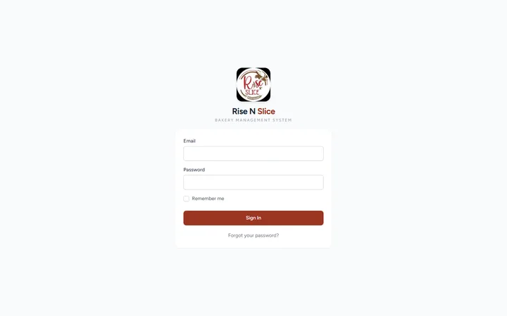 Rise N Slice — Bakery Management System — login screen
