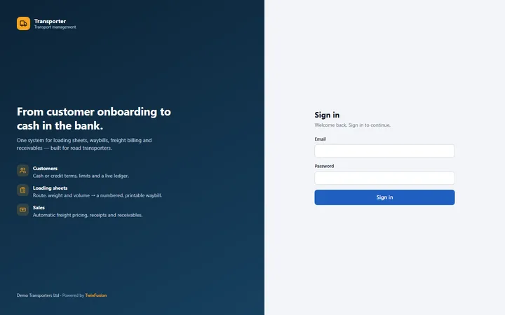 Transporter TMS — login screen